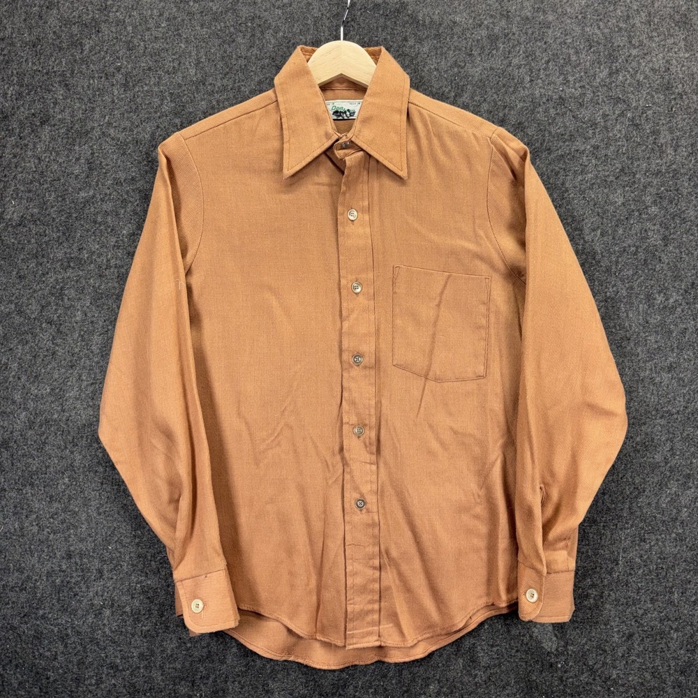 Vintage 1970s Rayon Corduroy Shirt Men's Small 19x27 Brown Dagger Disco USA